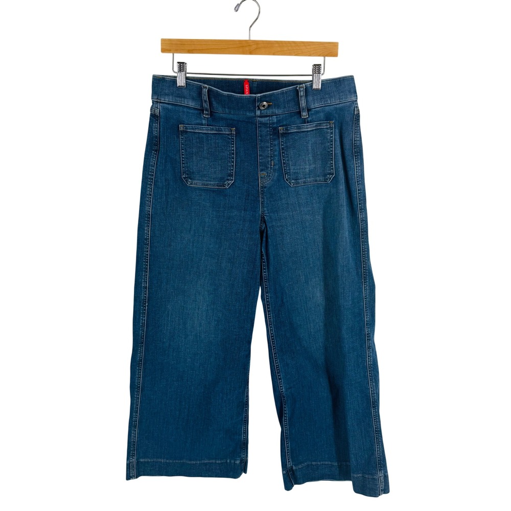 Spanx Wide Leg Cropped Jeans Blue Medium Wash Stretch Denim Patch Pockets Size L